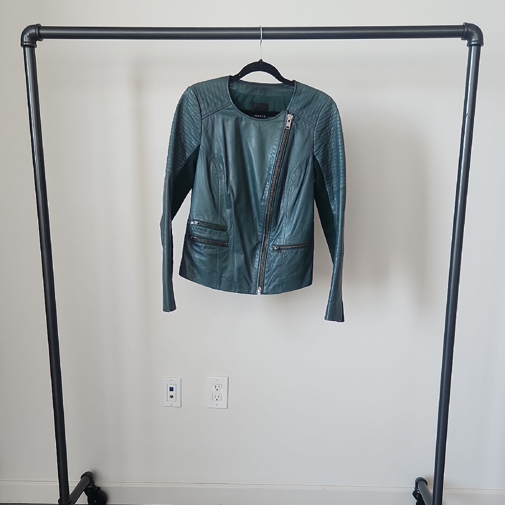 W by Worth Teal Green Asymmetrical Leather Jacket
